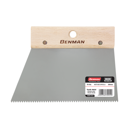 SPATOLA DENTATA INOX, MANICO IN LEGNO 200MM, DENTE SOTTILE, BENMAN